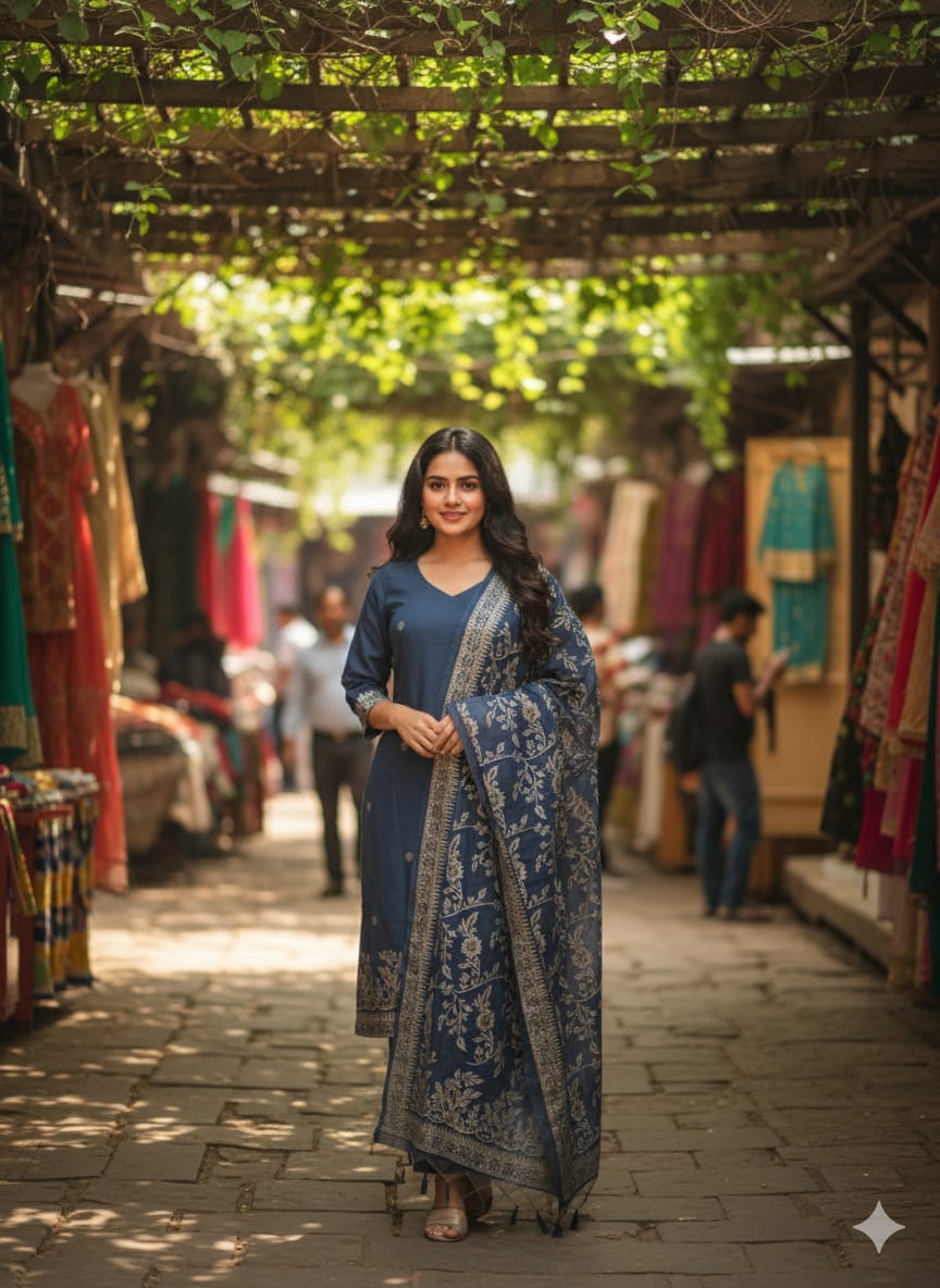 Indigo blue woven chanderi suit