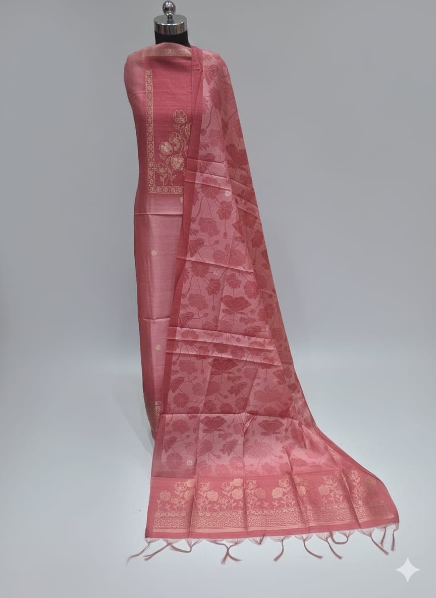 Paper silk jacquard weaving peach Rose colour unstitched suits with dupatta
