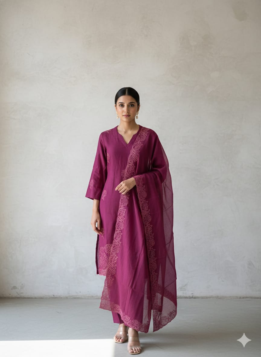 Malchanderi embroidered co-ord set with four side embroidered stole