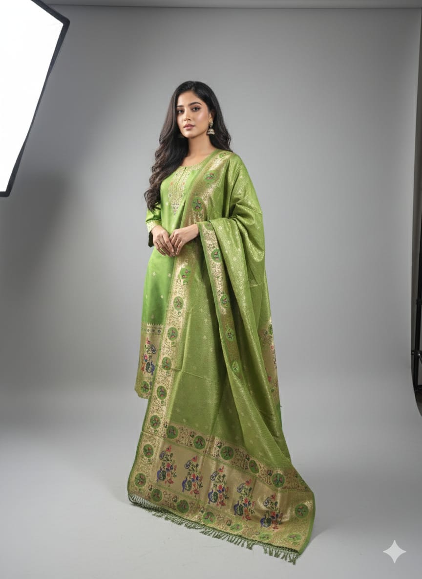Pre-stitched power loom silk banarasi suit paithani design