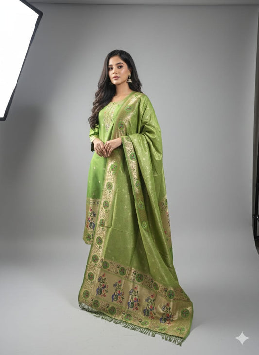 Pre-stitched power loom silk banarasi suit paithani design