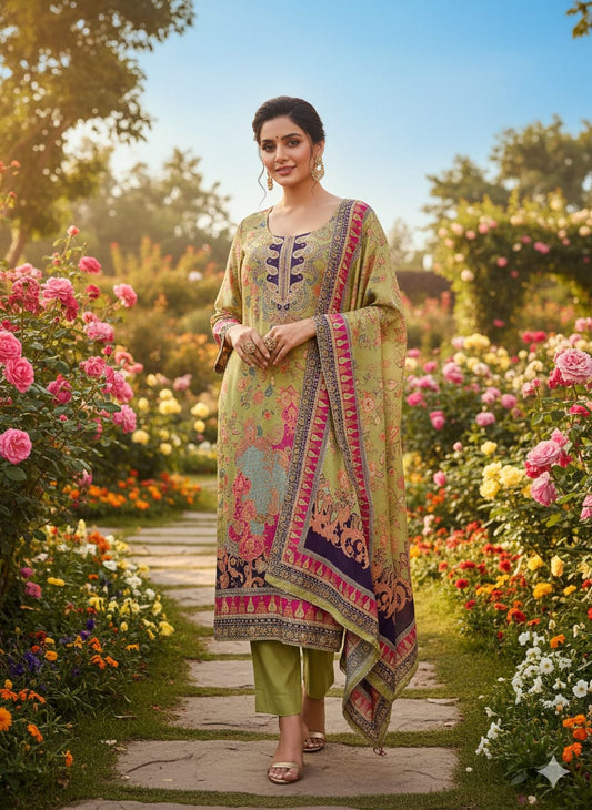 Viscose Muslin
With beads highlighting on the neckline. lock pati on internal seam of the slit in the kurta to save it from wear and tear

2.5 m Digital Dupatta, with golden lace on its 4 sides

Plain Matte Satin Solid Bottom with pocket on right hand side,zip and hook closure on left side' elastic back waistband

Print - Digital Florall with kani print

Comfortable and stylish fit

includes margins for customization