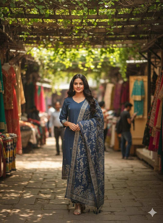 Indigo blue woven chanderi suit