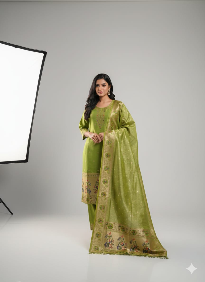 Pre-stitched power loom silk banarasi suit paithani design