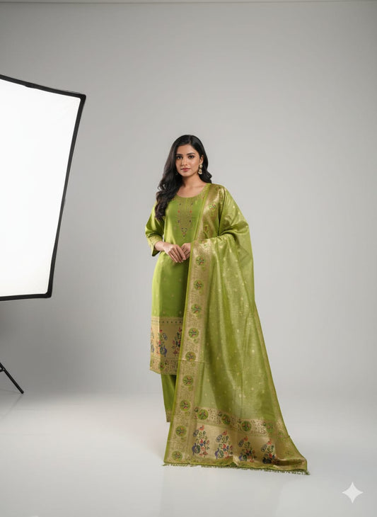 Pre-stitched power loom silk banarasi suit paithani design