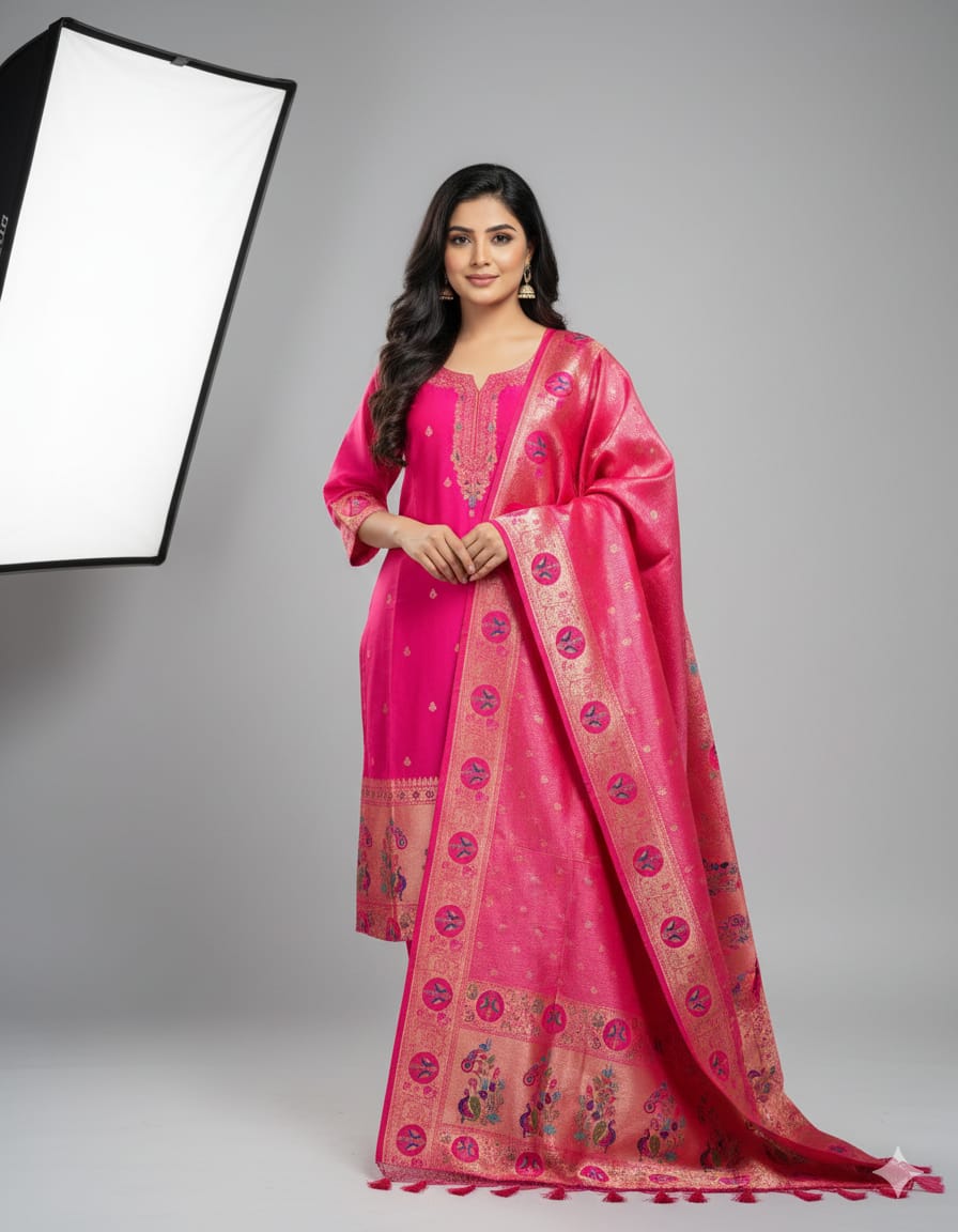 Pre-stitched power loom silk banarasi suit paithani design