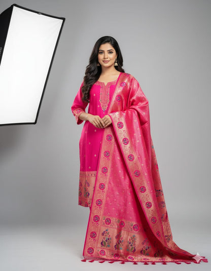 Pre-stitched power loom silk banarasi suit paithani design