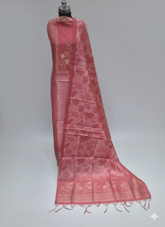 Paper silk jacquard weaving peach Rose colour unstitched suits with dupatta