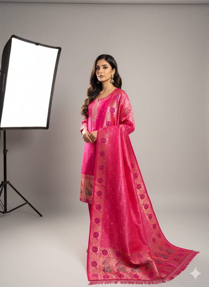 Pre-stitched power loom silk banarasi suit paithani design